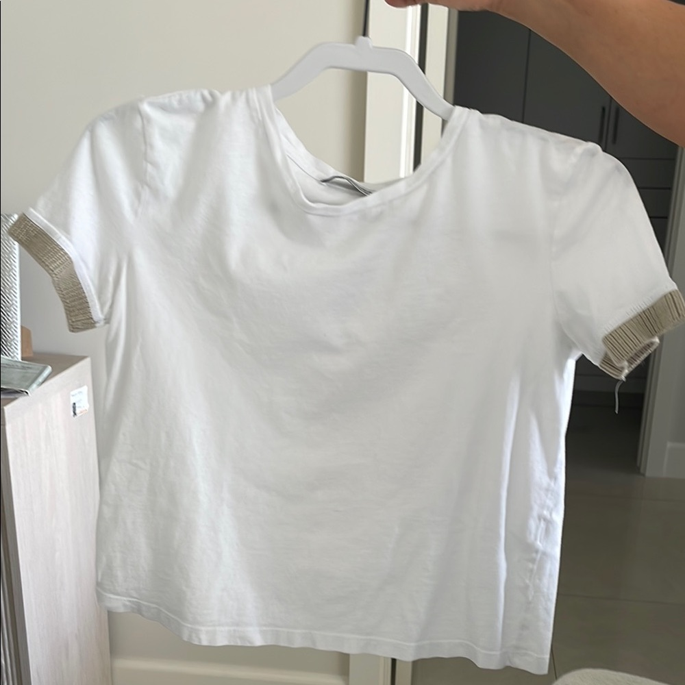 White Short Sleeve Top with Beige Cuffs
